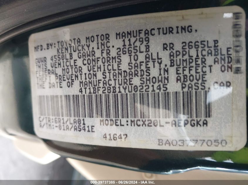 2000 Toyota Avalon Xl/Xls VIN: 4T1BF28B1YU022145 Lot: 39737385