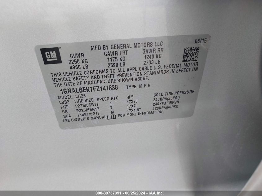 2015 Chevrolet Equinox 1Lt VIN: 1GNALBEK7FZ141838 Lot: 39737391