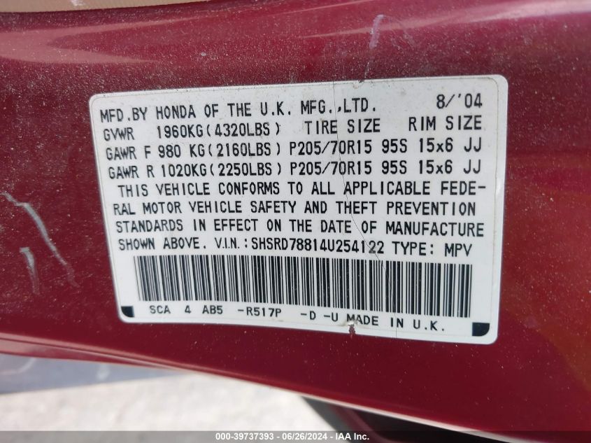 2004 Honda Cr-V Ex VIN: SHSRD78814U254122 Lot: 39737393