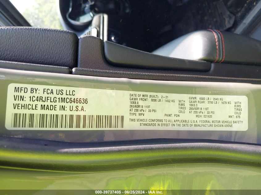 2021 Jeep Grand Cherokee Trailhawk 4X4 VIN: 1C4RJFLG1MC646636 Lot: 39737405