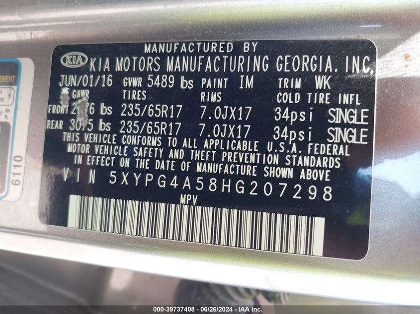 2017 Kia Sorento 3.3L Lx VIN: 5XYPG4A58HG207298 Lot: 39737408