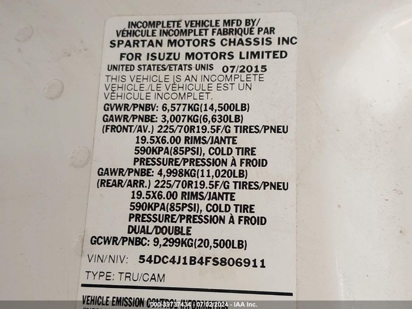 2015 Isuzu Npr Hd VIN: 54DC4J1B4FS806911 Lot: 39737434