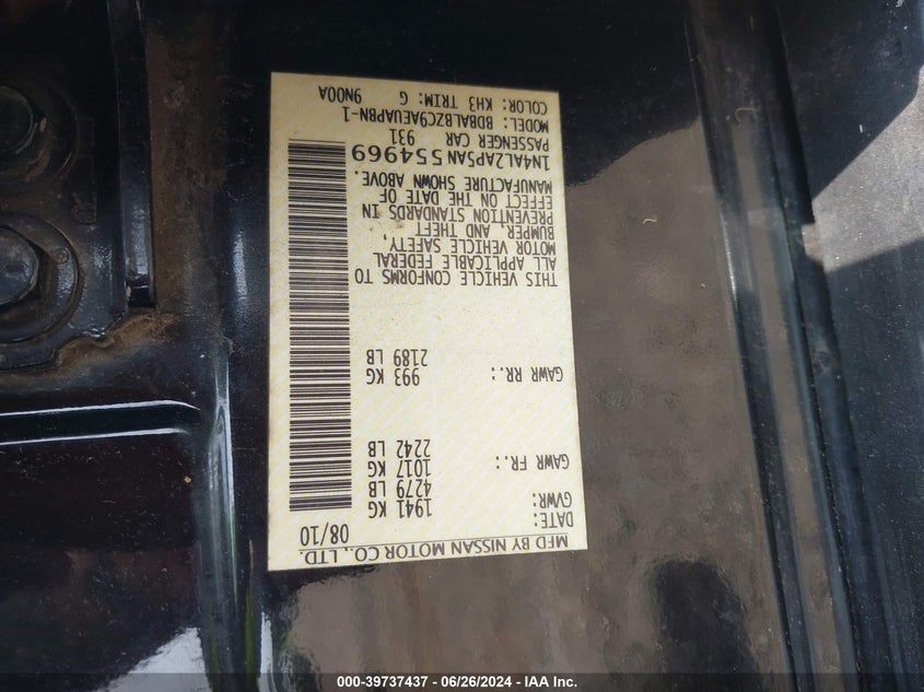 2010 Nissan Altima 2.5 S VIN: 1N4AL2AP5AN554969 Lot: 39737437