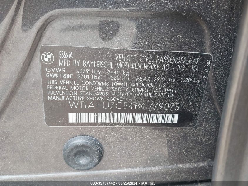 2011 BMW 535I xDrive VIN: WBAFU7C54BC779075 Lot: 39737442