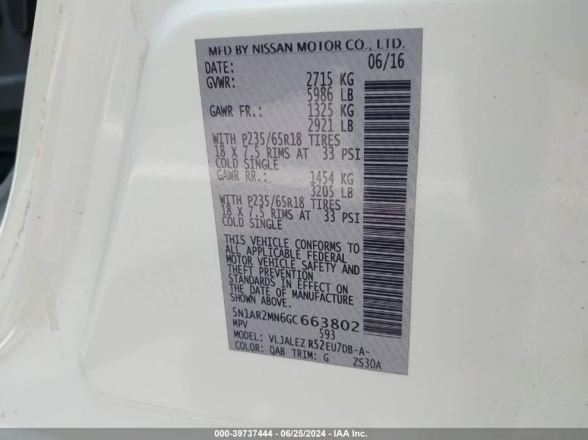 2016 Nissan Pathfinder S/Sv/Sl/Platinum VIN: 5N1AR2MN6GC663802 Lot: 39737444
