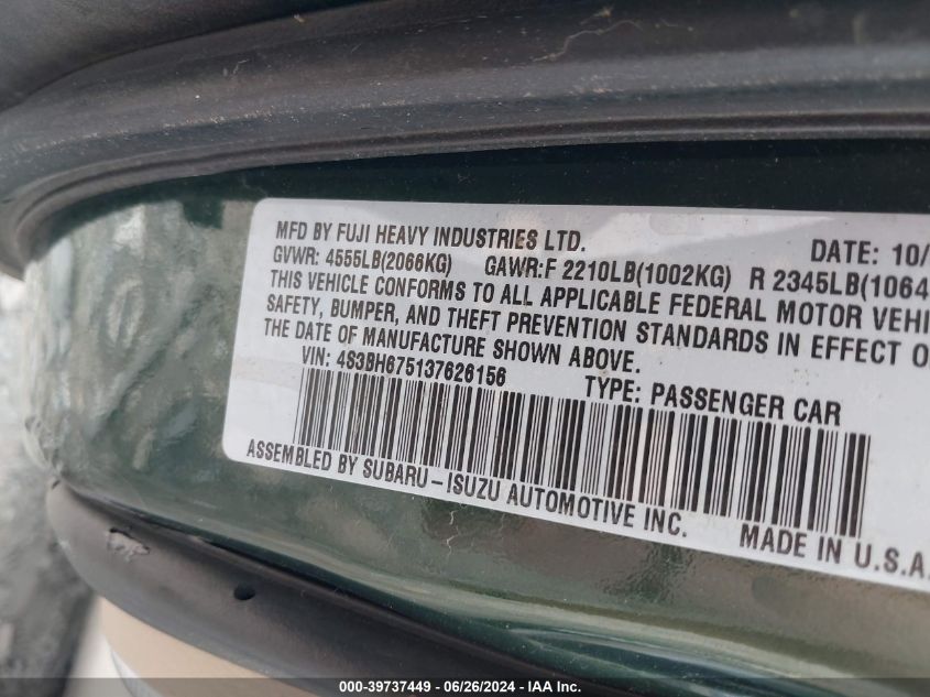 2003 Subaru Outback VIN: 4S3BH675137626156 Lot: 39737449