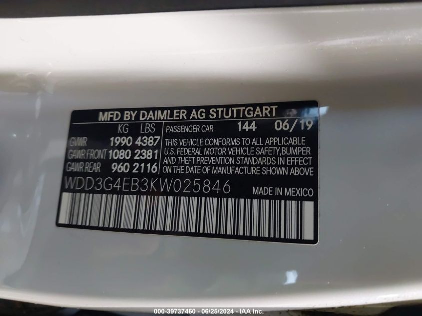 2019 Mercedes-Benz A-Class 220 VIN: WDD3G4EB3KW025846 Lot: 39737460