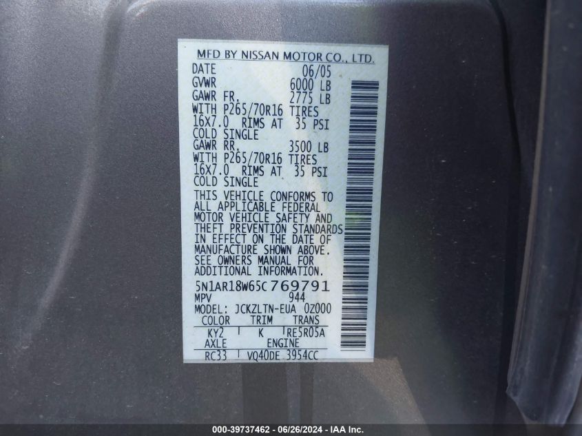 2005 Nissan Pathfinder Le/Se/Xe VIN: 5N1AR18W65C769791 Lot: 39737462