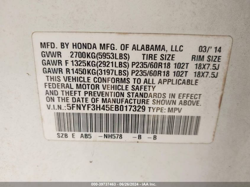 2014 Honda Pilot Ex VIN: 5FNYF3H45EB017329 Lot: 39737463