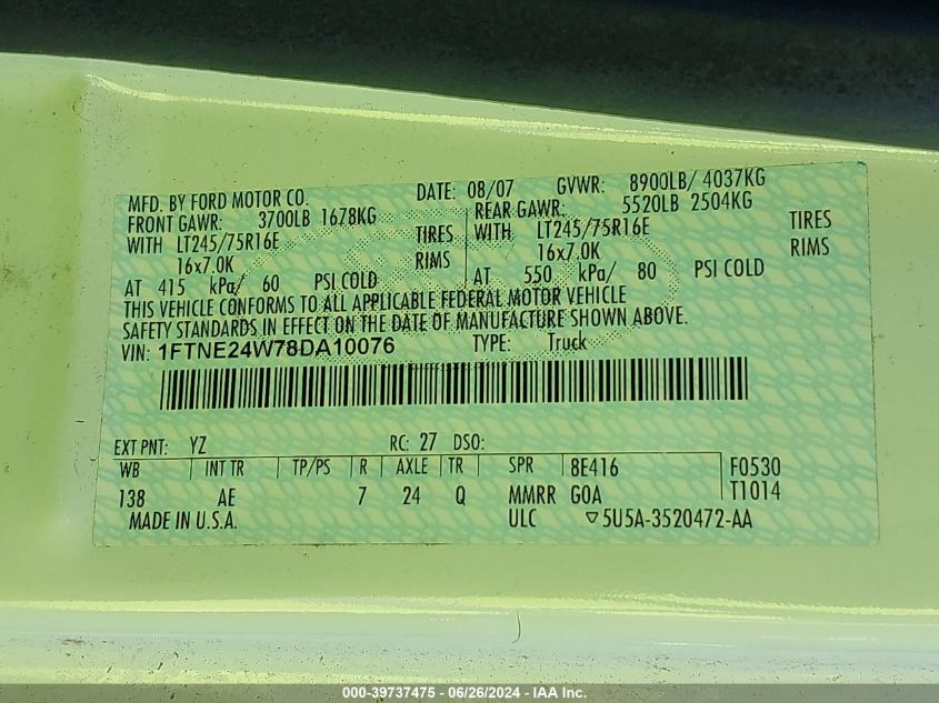 2008 Ford Econoline E250 Van VIN: 1FTNE24W78DA10076 Lot: 39737475