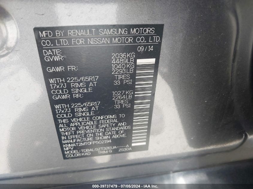 2015 Nissan Rogue Sv VIN: KNMAT2MT0FP502194 Lot: 39737479