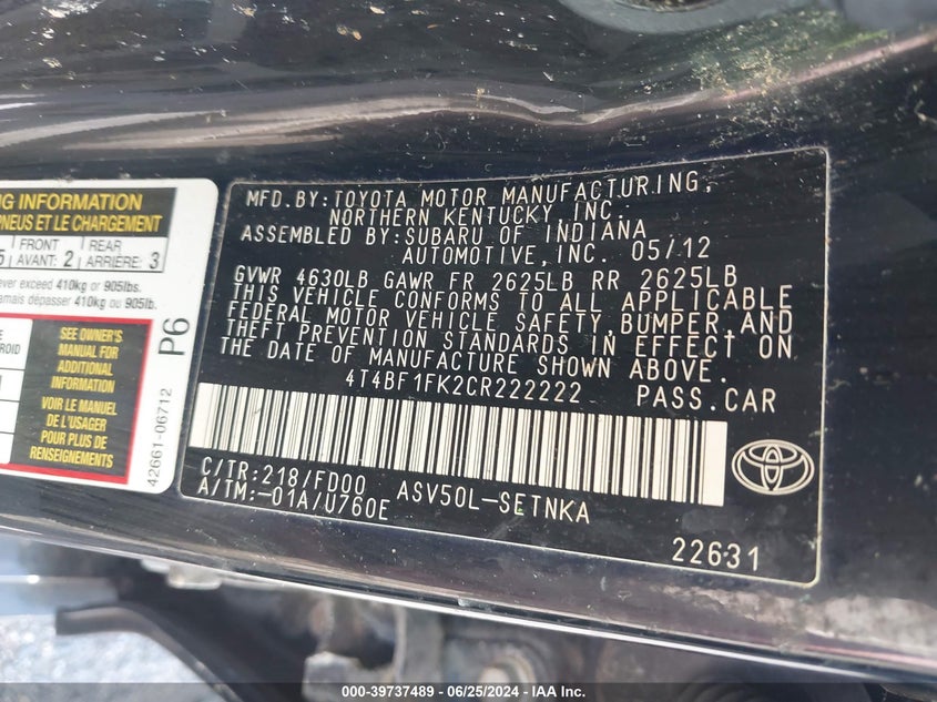 2012 Toyota Camry Le VIN: 4T4BF1FK2CR222222 Lot: 39737489