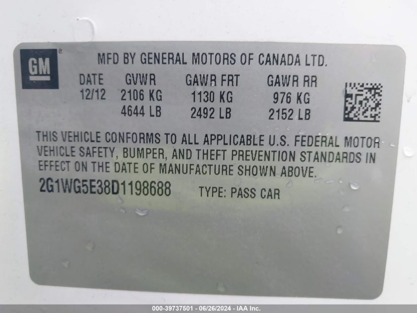2013 Chevrolet Impala Lt VIN: 2G1WG5E38D1198688 Lot: 39737501