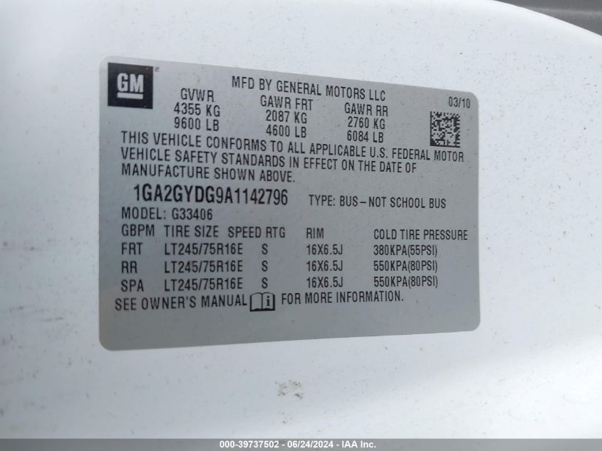 2010 Chevrolet Express 3500 Lt VIN: 1GA2GYDG9A1142796 Lot: 39737502