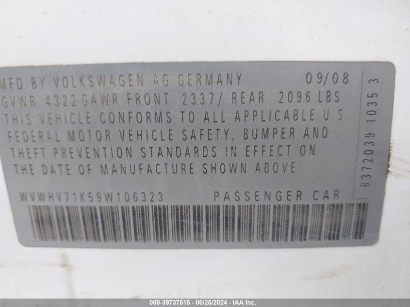 2009 Volkswagen Gti 4-Door VIN: WVWHV71K59W106323 Lot: 39737515