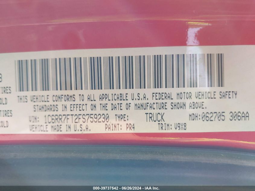 2015 Ram 1500 St VIN: 1C6RR7FT2FS759230 Lot: 39737542