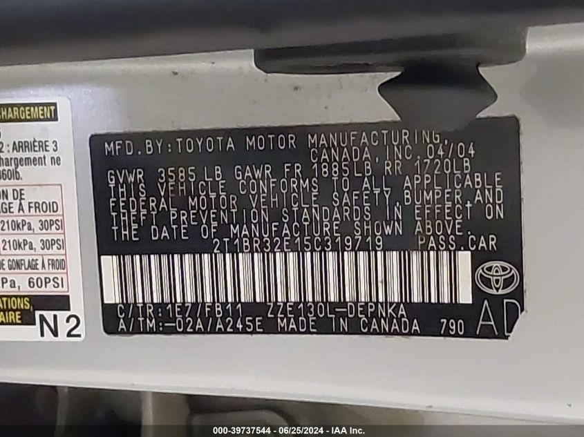 2005 Toyota Corolla Le VIN: 2T1BR32E15C319719 Lot: 39737544