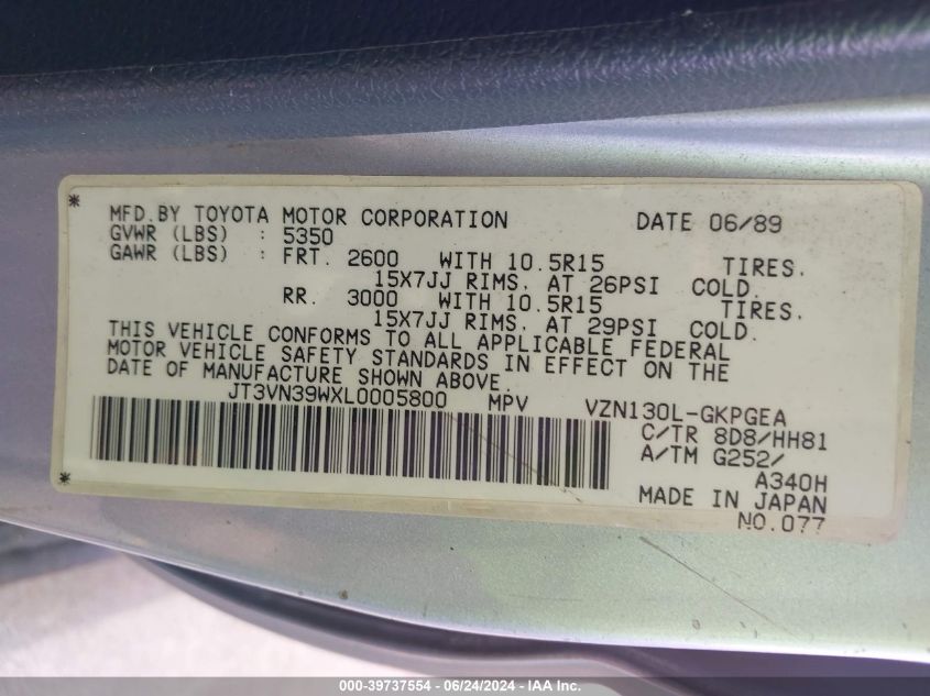 1990 Toyota 4Runner Vn39 Sr5 VIN: JT3VN39WXL0005800 Lot: 39737554