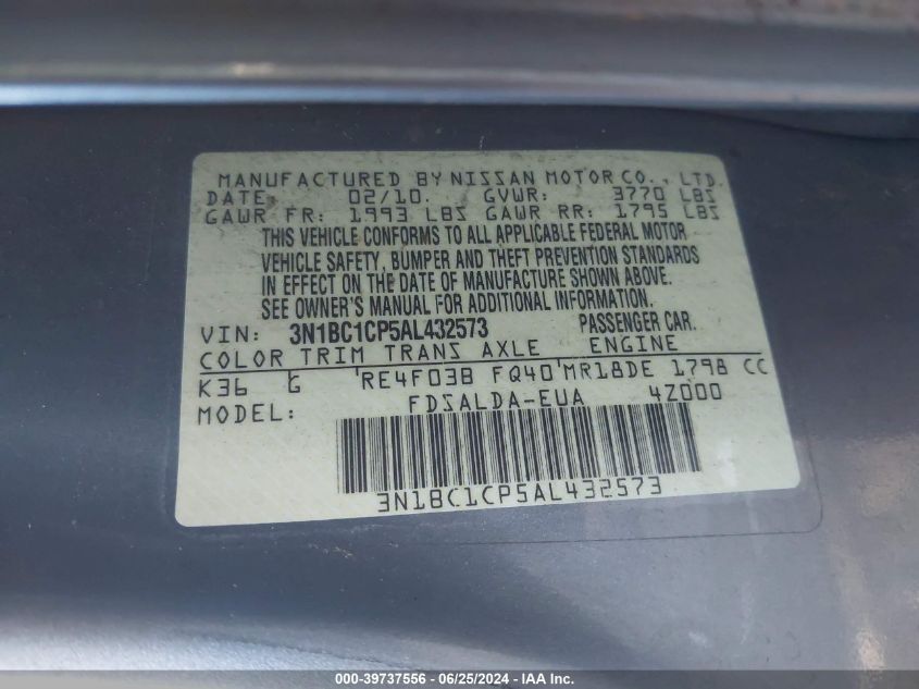 2010 Nissan Versa 1.8S VIN: 3N1BC1CP5AL432573 Lot: 39737556