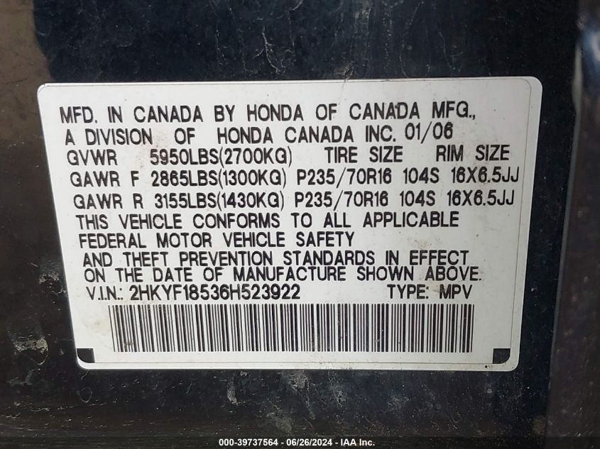 2006 Honda Pilot Ex-L VIN: 2HKYF18536H523922 Lot: 39737564