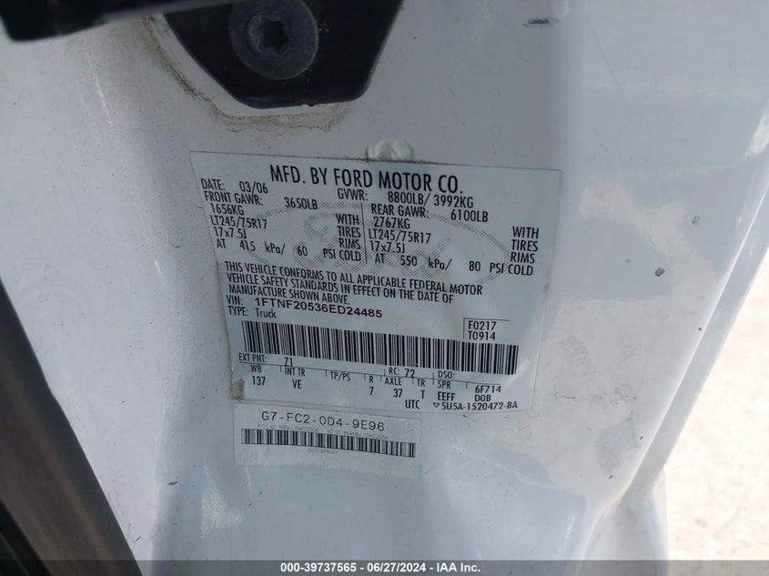 2006 Ford F250 Super Duty VIN: 1FTNF20536ED24485 Lot: 39737565