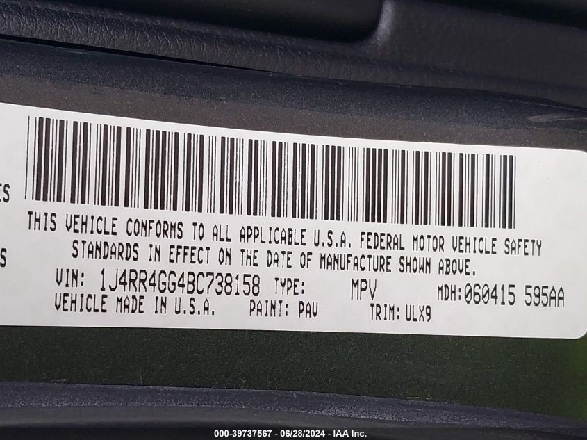 2011 Jeep Grand Cherokee Laredo VIN: 1J4RR4GG4BC738158 Lot: 39737567
