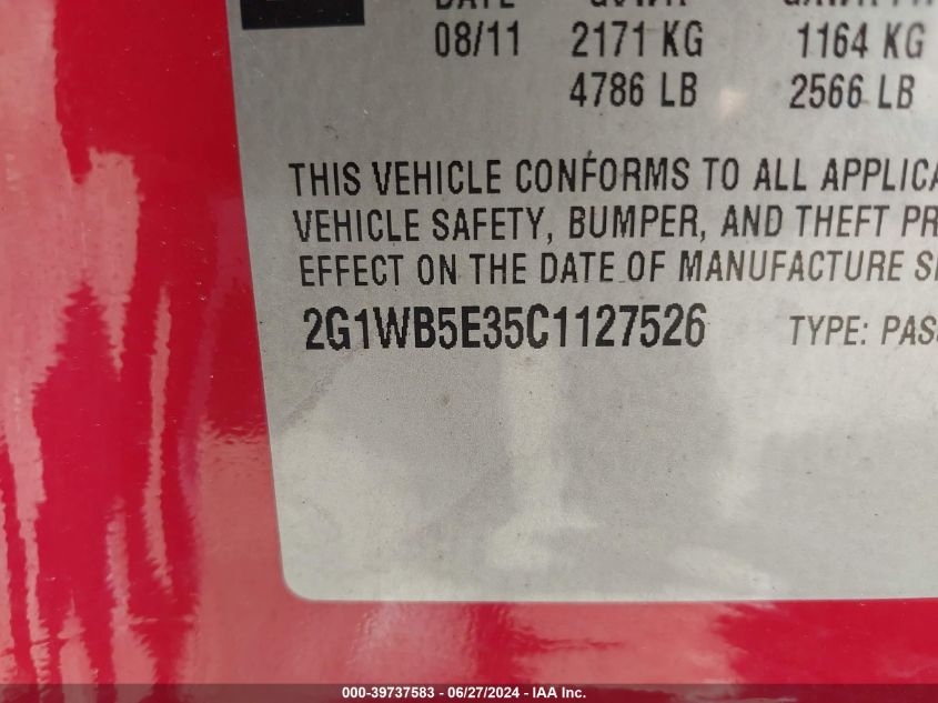 2012 Chevrolet Impala Lt VIN: 2G1WB5E35C1127526 Lot: 39737583