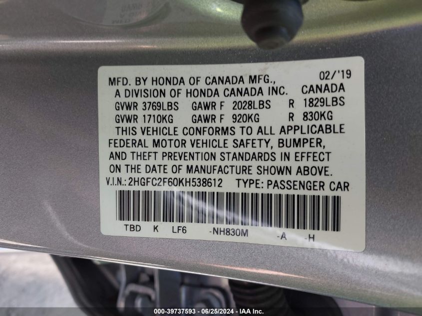 2019 Honda Civic Lx VIN: 2HGFC2F60KH538612 Lot: 39737593