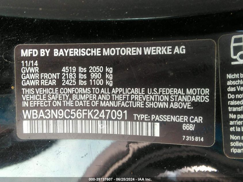 2015 BMW 428I xDrive VIN: WBA3N9C56FK247091 Lot: 39737607