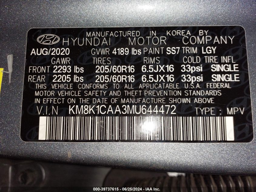 2021 Hyundai Kona Se VIN: KM8K1CAA3MU644472 Lot: 39737615