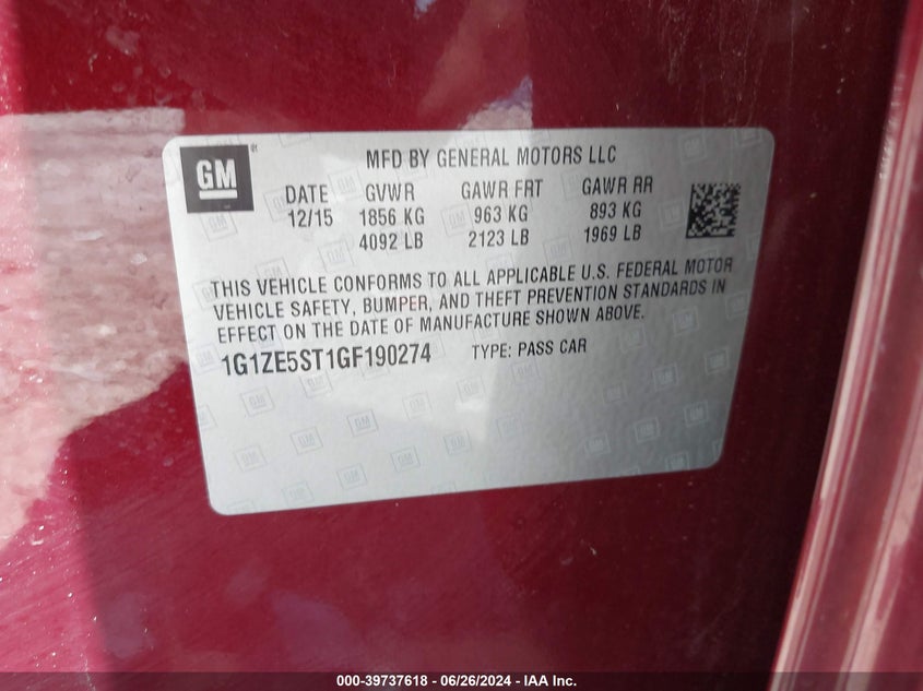 2016 CHEVROLET MALIBU VIN: 1G1ZE5ST1GF190274