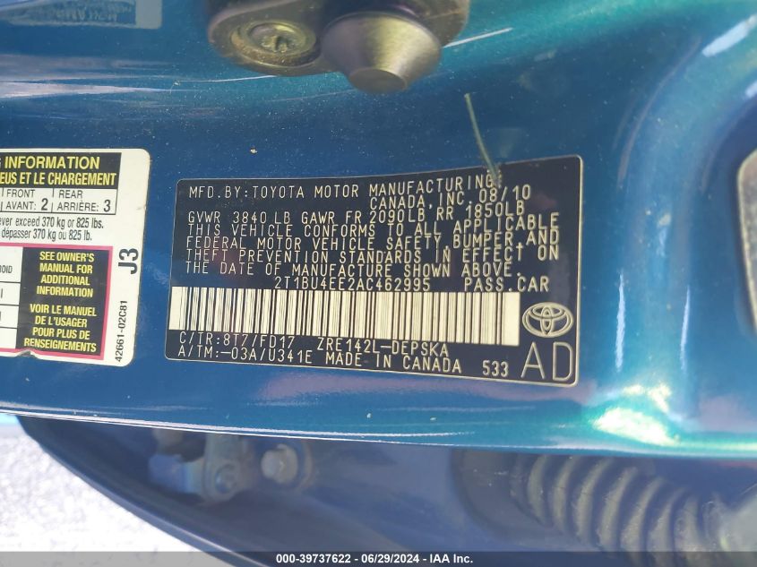 2010 Toyota Corolla S VIN: 2T1BU4EE2AC462995 Lot: 39737622