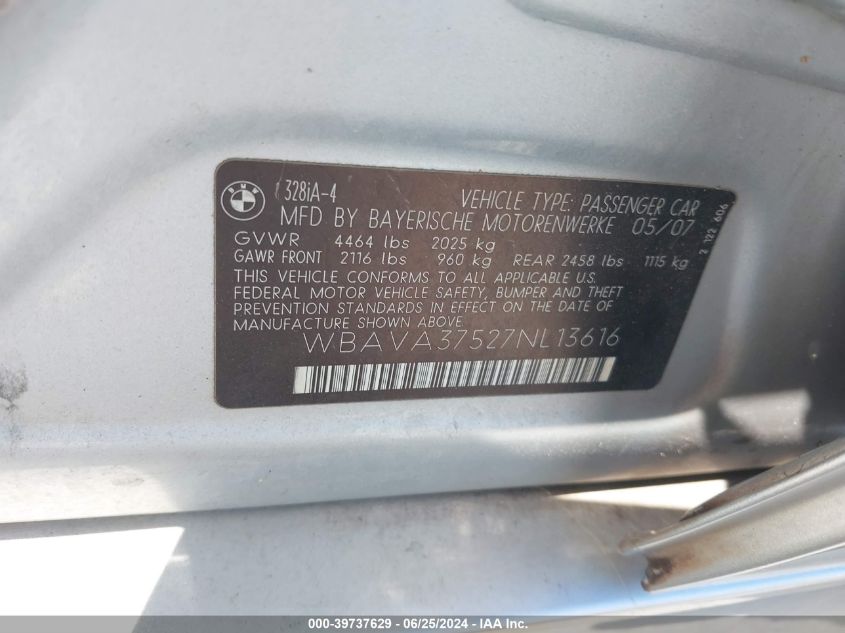2007 BMW 328I VIN: WBAVA37527NL13616 Lot: 39737629