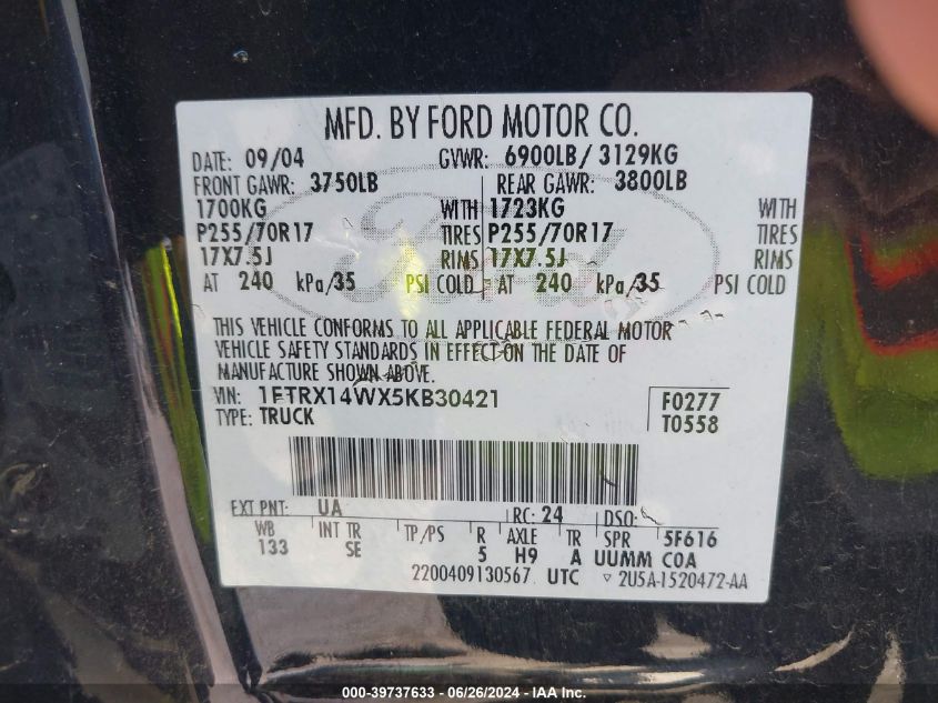 2005 Ford F-150 Stx/Xl/Xlt VIN: 1FTRX14WX5KB30421 Lot: 39737633