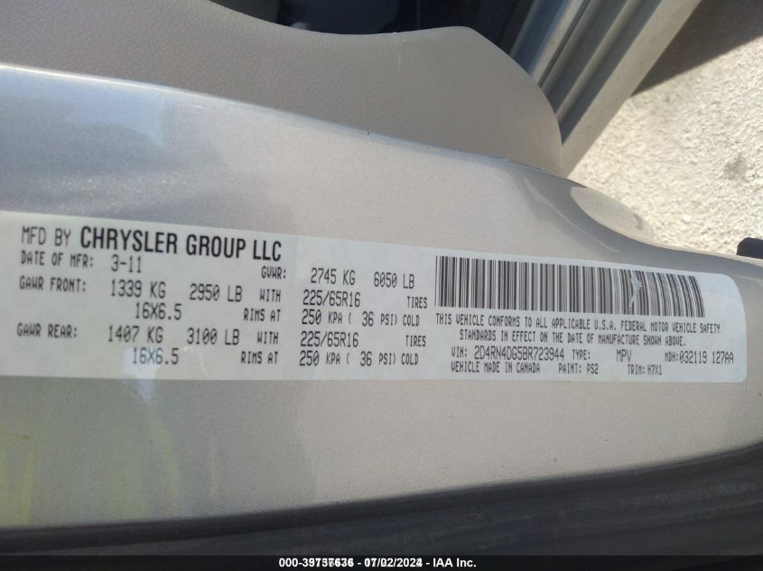 2011 Dodge Grand Caravan Express VIN: 2D4RN4DG5BR723944 Lot: 39737636