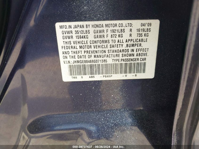 2009 Honda Fit Sport VIN: JHMGE88469S071385 Lot: 39737637