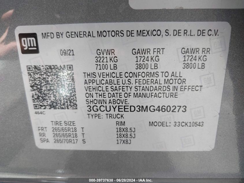 2021 Chevrolet Silverado 1500 4Wd Short Bed Rst VIN: 3GCUYEED3MG460273 Lot: 39737638