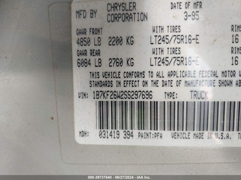 1995 Dodge Ram 2500 VIN: 1B7KF26W2SS297696 Lot: 39737640
