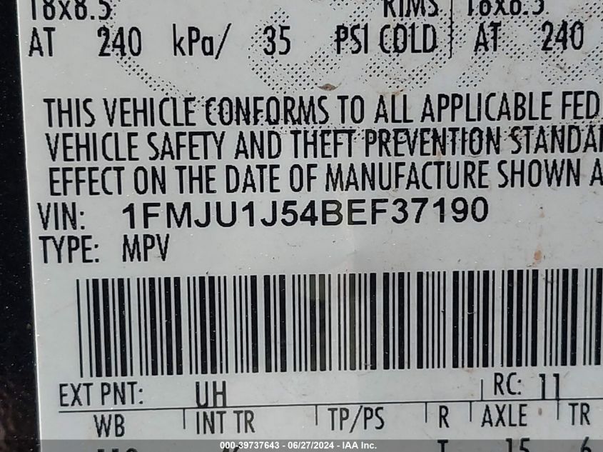 2011 Ford Expedition Xlt VIN: 1FMJU1J54BEF37190 Lot: 39737643