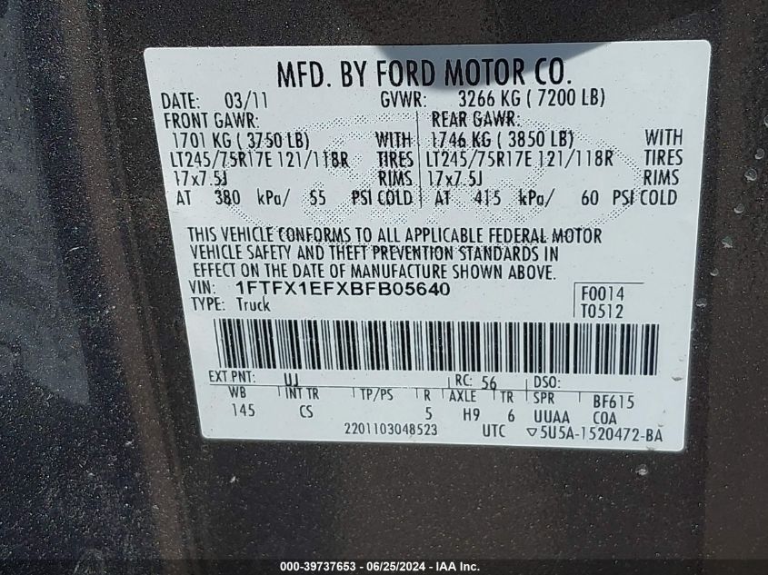 2011 Ford F-150 Xl VIN: 1FTFX1EFXBFB05640 Lot: 39737653