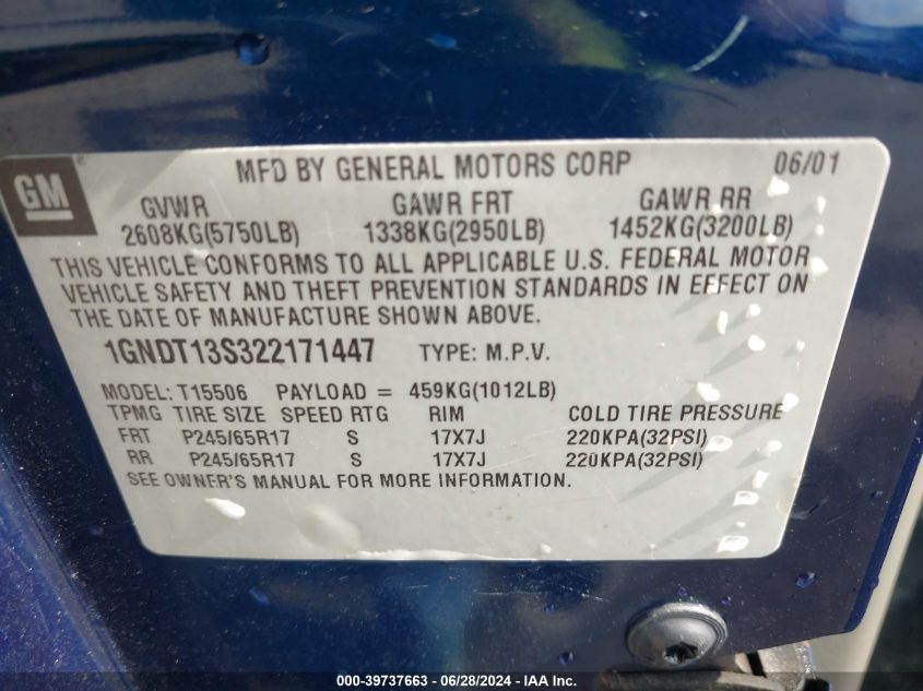 2002 Chevrolet Trailblazer Ltz VIN: 1GNDT13S322171447 Lot: 39737663