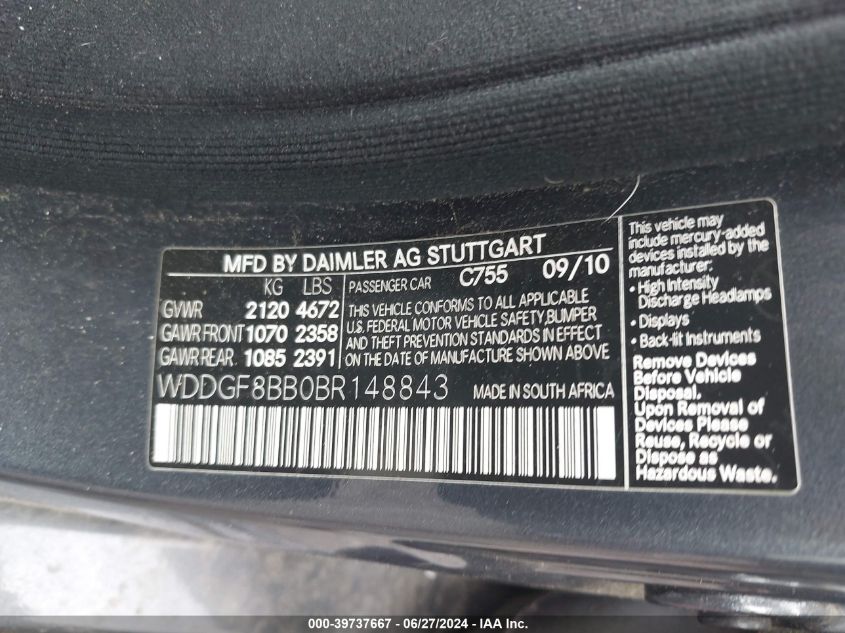 2011 Mercedes-Benz C 300 4Matic VIN: WDDGF8BB0BR148843 Lot: 39737667