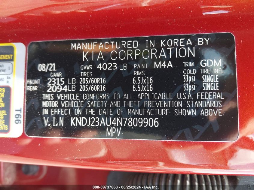 2022 Kia Soul Lx VIN: KNDJ23AU4N7809906 Lot: 39737668