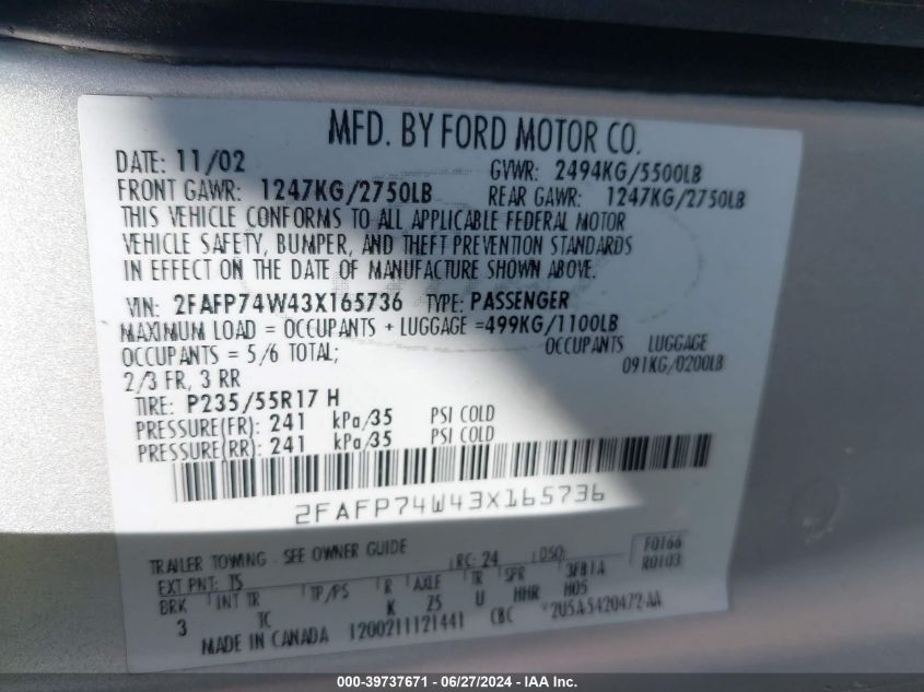 2003 Ford Crown Victoria Lx VIN: 2FAFP74W43X165736 Lot: 39737671