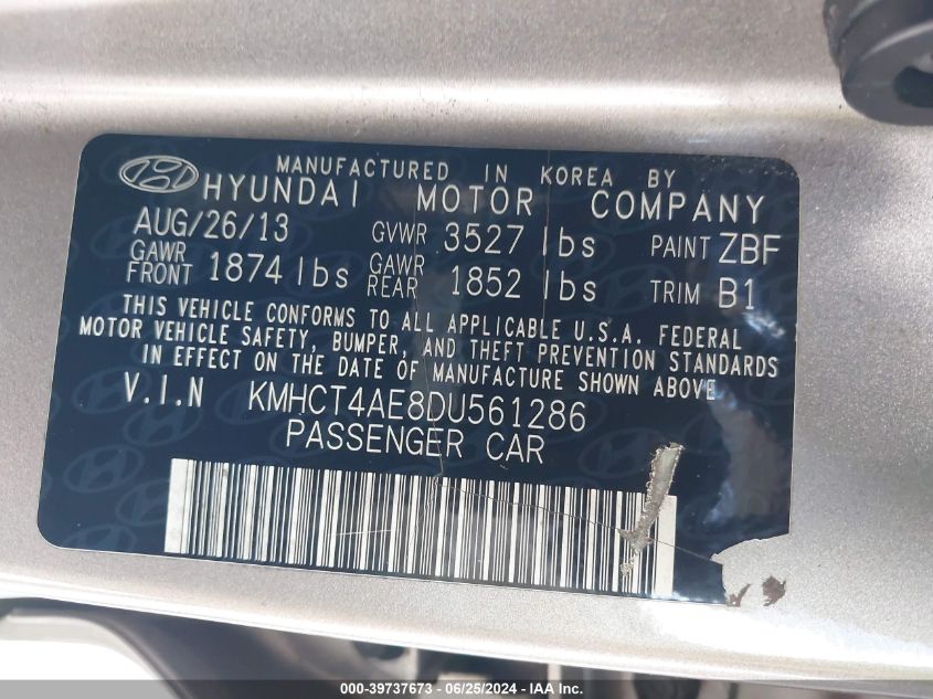 2013 Hyundai Accent Gls VIN: KMHCT4AE8DU561286 Lot: 39737673