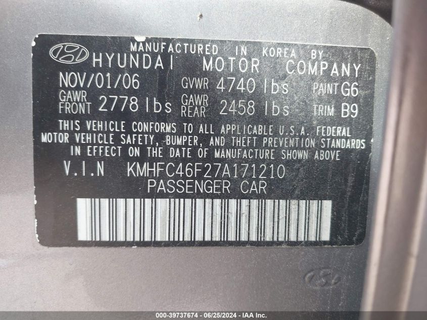 2007 Hyundai Azera Limited/Se VIN: KMHFC46F27A171210 Lot: 39737674