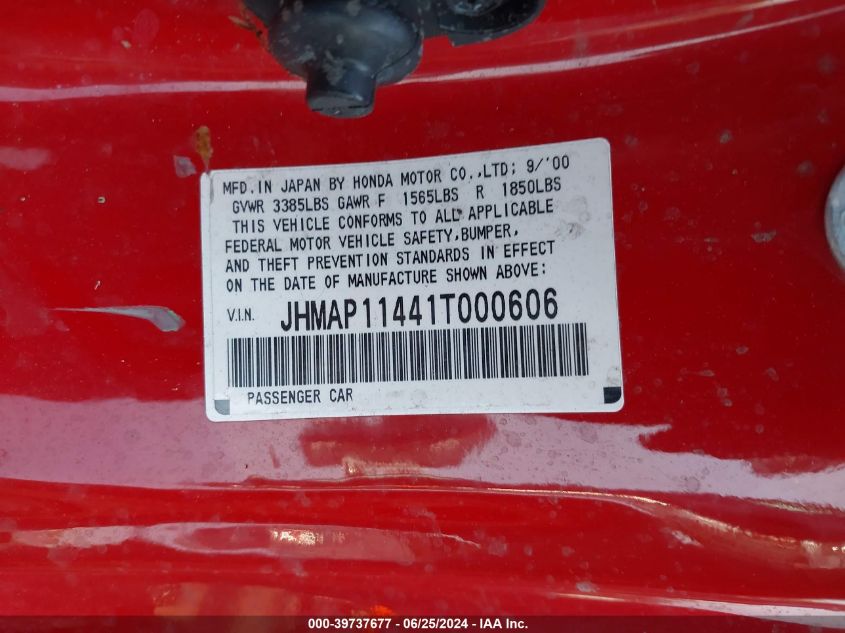 2001 Honda S2000 VIN: JHMAP11441T000606 Lot: 39737677
