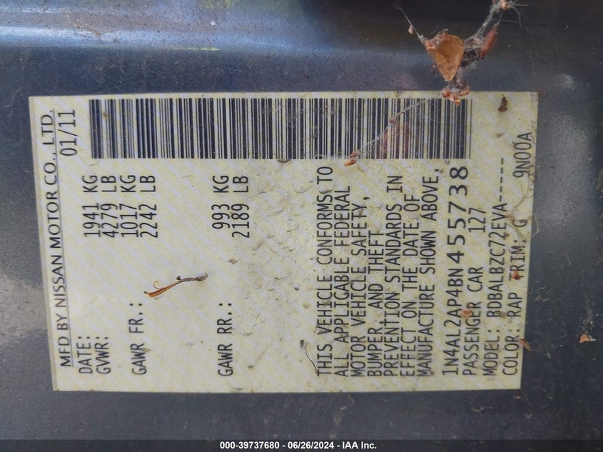 2011 Nissan Altima S VIN: 1N4AL2AP4BN455738 Lot: 39737680