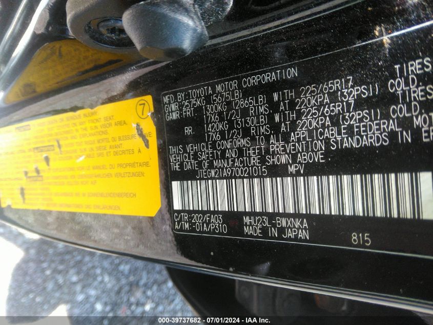 2007 Toyota Highlander Hybrid V6 VIN: JTEGW21A970021015 Lot: 39737682