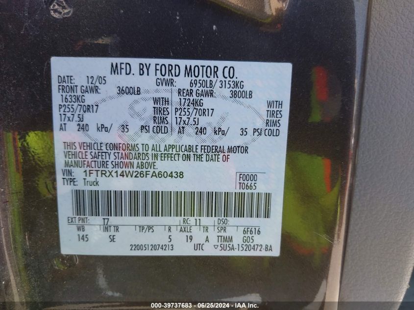 2006 Ford F-150 Stx/Xl/Xlt VIN: 1FTRX14W26FA60438 Lot: 39737683